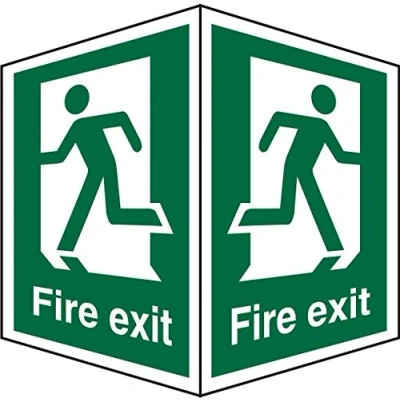 Image of Seco Fire Exit Man Running Different Directions &amp; With Two Faces Sign, 150mm x 200mm 1mm Semi Rigid Plastic