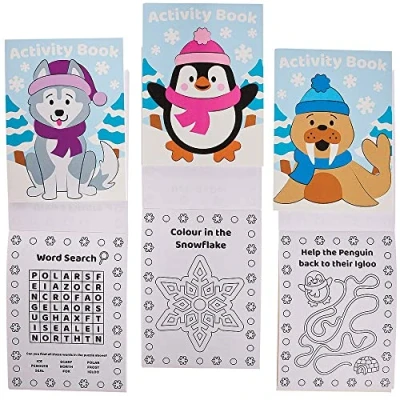 Image of Baker Ross FX361 Winter Mini Activity Books Pack of 12, Entertaining Travel Activities, Xmas Party Favours, and Colouring for Children,