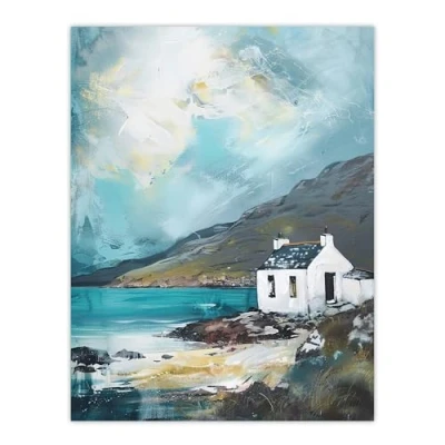 Image of Artery8 White Scottish Cottage Loch Hills Oil Painting Living Room Large Wall Art Poster Print Thick Paper 18X24 Inch