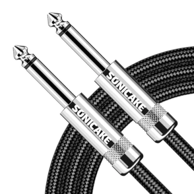 Image of SONICAKE Braided Guitar Cable 3m/10ft Instrument 6.35mm 1/4&quot; Straight Angle to Black