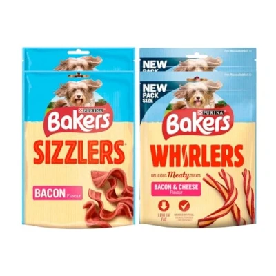 Image of Bakers Dog Treats Bundle Sizzlers Bacon Flavour &amp; Whirlers and Cheese 4 Pack Snacks For Dogs Small