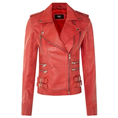 Image of Ladies Retro Red 100% Nappa Leather Biker Jacket 3XL