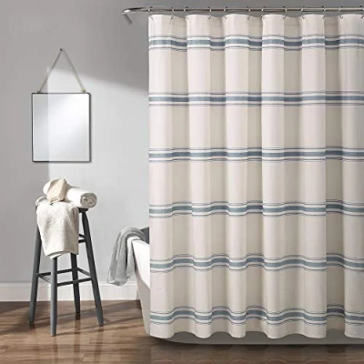 Image of Lush Decor Farmhouse Stripe Cotton Shower Curtain, 72&quot; W x L, Blue Classic Modern Rustic Charm Bathroom