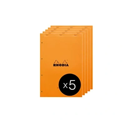 Image of RHODIA 119700C Stapled Notepad N119 Audit Orange A4+ Pre Printed Multicolumns 80 Detachable Sheets 4 Hole Punched, Yellow Clairefontaine Paper g/m² Pack of 5 pads