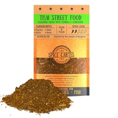Image of Spice Cartel&#039;s Thai Street Food. Artisanal Blend Inspired by Bangkok&#039;s Food Scene. Bring Your Meal to Life with a Twist. 100g Resealable Pouch. Hand Made Love in The UK.