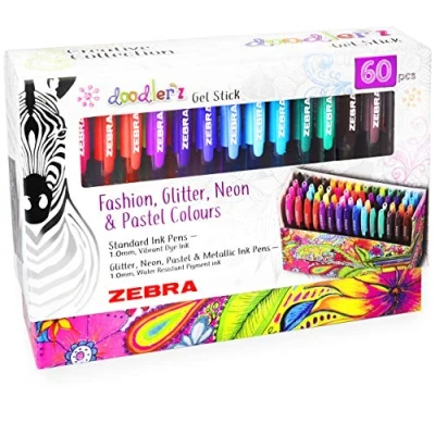 Image of Zebra Doodler&#039;z Gel Stick Pens 1.0mm Fashion, Glitter, Neon and Pastel Colours Gift Box of 60