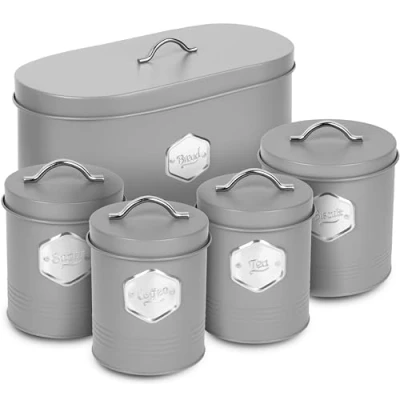 Image of HEFTMAN Grey Kitchen Canister Set Stylish 5 Piece Storage for Bread, Biscuits, Sugar Coffee Tea Airtight, Labelled Containers Accessories (5 PCS)