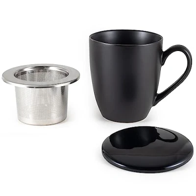 Image of Hanseküche Tea Cup with Lid and Strainer XXL Mug 600 ml Large Ceramic Jumbo Lid, Ceramic, Filter, Strainer, (White, ml)