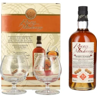 Image of Rum Malecon Añejo 12 Años Reserva Superior mit 2 Gläsern 40,00% 0,70 Liter