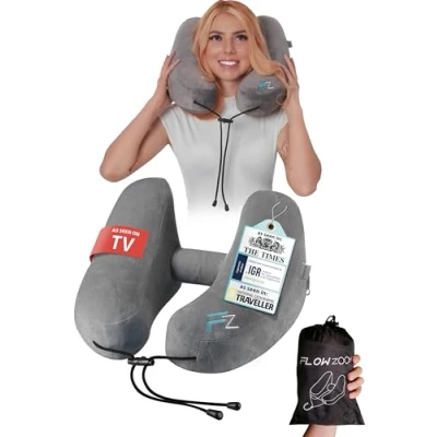 Image of FLOWZOOM AIR Inflatable Travel Pillow for Airplane Hooded Neck Plane Cushion Flight Pillows Size M Grey