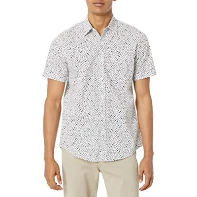 Image of Amazon Essentials Men&#039;s Slim Fit Short Sleeved Button Down Printed Shirt, Black White Geo Print, M
