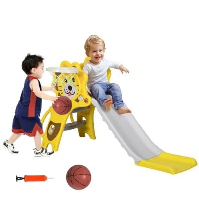 Image of AIYAPLAY Kids Slide 3 in 1 Freestanding Toddler with Climber, Basketball Hoop, Basketball, Lion Themed for Ages 18 36 Months Yellow