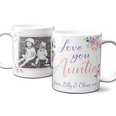 Image of Thoughtful Gifts Lovely Floral Personalised Auntie Mug, Photo Mug for Auntie, Cup Gift Present Birthday, Christmas