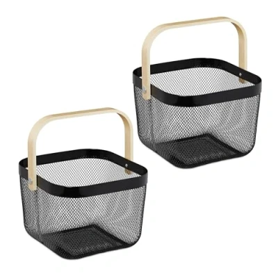 Image of Relaxdays Wire Baskets with Handle, Set of 2, Metal &amp; Bamboo, HxWxD: 17.5 x 26 24.5 cm, Stylish Storage, Black, Iron
