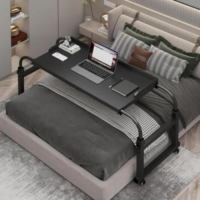 Image of Hospital Table Overbed，Overbed Computer with Wheels, Overbed Wheels Adjustable Height Stretchable Lazy Design Rolling Bed Desk(Color:Black)
