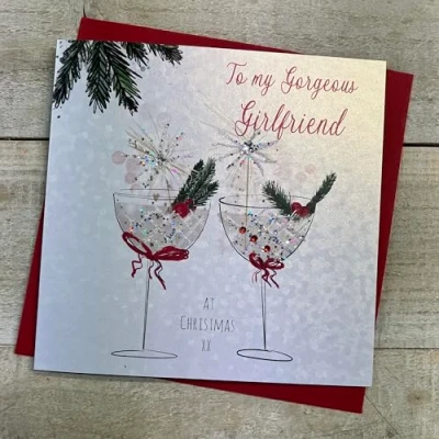 Image of White Cotton Cards GORGEOUS GIRLFRIEND COUPE GLASSES WITH SPARKLERS CHRISTMAS CARD, HAND FINISHED (C23 82)