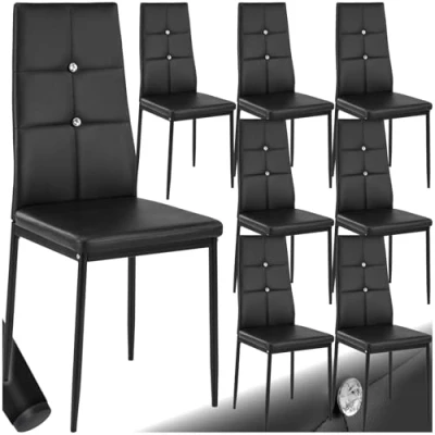 Image of TecTake® Set of 8 Dining Chairs with Faux Leather Covers &amp; Rhinestones, Chair High Backrests, Slim Steel Legs Soft Padding, Ideal as Kitchen Room Black