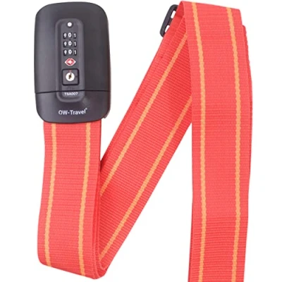 Image of OW Travel Personalised Luggage Straps with Locks for Suitcases (1 Pack Red/Yellow) Easy to Spot TSA Suitcase labels. Strap Lock Belt. Lockable