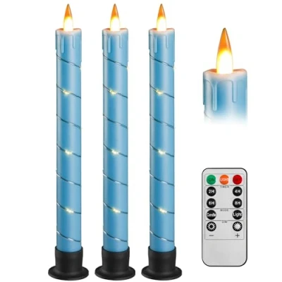 Image of Da by 3 Pcs Flickering Flameless Battery Operated Taper Candle Window Candles with Remote and Time LED 3D Dynamic Flame 9.6 Inches for Wedding, Party,Home Decoration Blue