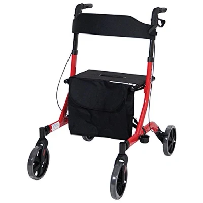 Image of Aidapt Red Grey Folding Light Weight 4 Wheeled Rollator Mobility Aid with Seat, Carry Bag, Lockable Brakes, Walking Stick Holder and Puncture Proof TYRES for Indoor Outdoor use