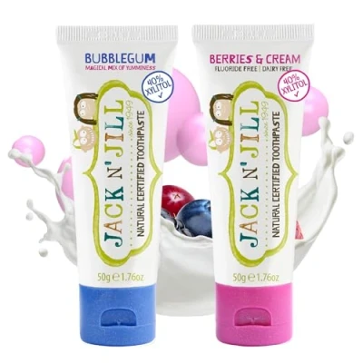Image of Jack N&#039; Jill Natural Certified Toothpaste Baby &amp; Toddler Toothpaste, Fluoride Free, 40% Xylitol, Organic and Sugar Safe for 6 Months Up, Bubblegum Berries Cream Flavour, 2 x 50g