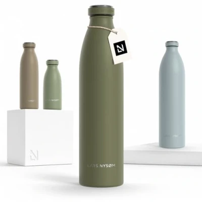 Image of LARS NYSØM Stainless Steel Insulated Water Bottle 12oz 17oz 25oz 34oz 51oz Thermo Flask for Hot and Cold Beverages Leakproof Drinking (Olive Green, 1000ml)