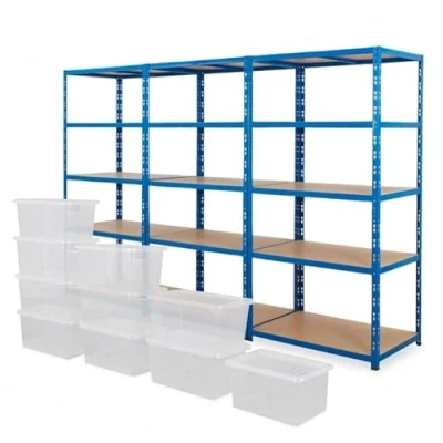 Image of BiGDUG Heavy Duty Garage Shelving Unit 3 Bay 179x90x60 cm 200kg UDL Per Shelf (1000kg Bay) 3x Blue Storage Shelves 5 Tier With 10x 31L Boxes