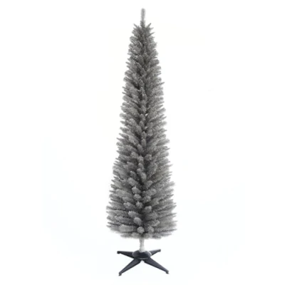 Image of E Stores Direct 5ft 6ft 7ft 8ft Grey Pine Pencil Slim Artificial Christmas Tree (7ft/210cm)