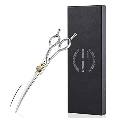 Image of Dream Reach Professional 7&quot; Dog Grooming Scissors Curved, Thinning/Blending/Chunking, Straight Kit, JP 440C Stainless Steel Pet Cat Hair Cutting/Trimming Shears (7 Inch Curved Scissors)