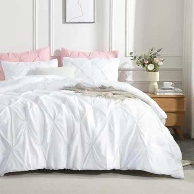 Image of Andency White Pinch Pleat Comforter King(104x90Inch), 3 Pieces (1 Pintuck Comforter, 2 Pillowcases) Microfiber Down Alternative Bedding Set