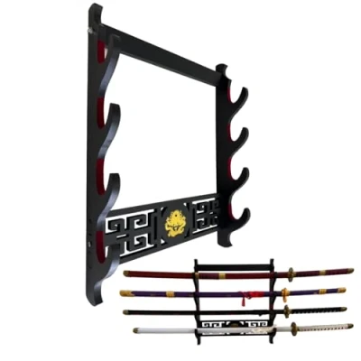 Image of Z fiber Sword Wall Mount Holder Display Stand Padded Katana Wakizashi Genji and Samurai Swords Dragon Pattern,4 Tier