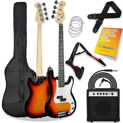Image of 3rd Avenue Full Size 4/4 Electric Bass Guitar Beginner Pack Kit with 15W Amplifier, Bag, Cable, Strap, Stand and Spare Strings Sunburst