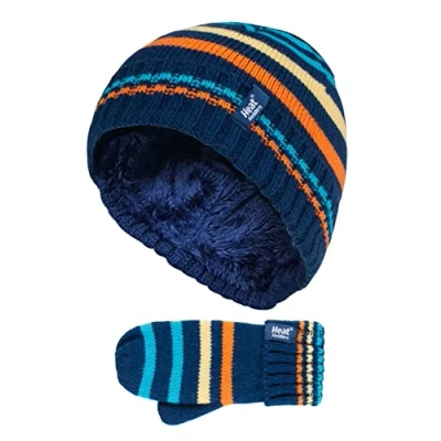 Image of HEAT HOLDERS Kids Boys Winter Knitted Thermal Fleece Lined Cuffed Beanie Hat and Mittens Set (3 6 Years, NSM1P5)