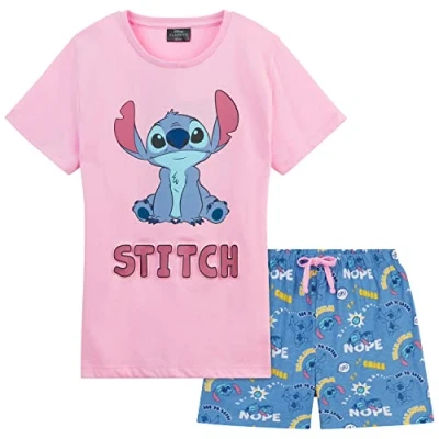 Image of Disney Girls Short Pyjamas Set, Soft Breathable 2 Piece Lounge Wear Gifts (Pink/Blue Stitch, 5 6 Years)