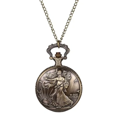 Image of JewelryWe Classic Bronze Pocket Watch: Vintage Statue of Liberty Pendant Necklace FOB Watch for Men Women