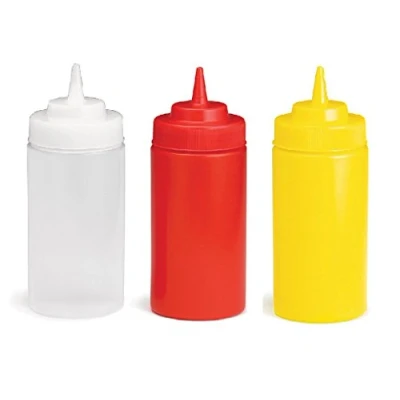 Image of Tablecraft by Chefline Set of 3 Widemouth Sauce Bottle/Dispenser 8oz Clear/Red/Yellow, Mayo/Ketchup/Mustard