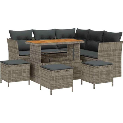 Image of vidaXL 9 Piece Garden Sofa Set with Cushions Grey Poly Rattan Acacia