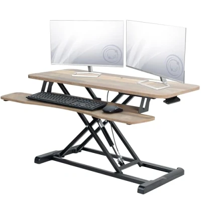 Image of VIVO 91cm DESK Converter, K Series, Height Adjustable Sit to Stand Riser, Dual Monitor and Laptop Workstation with Wide Keyboard Tray, Reclaimed Wood Top, Black Frame, V036KP