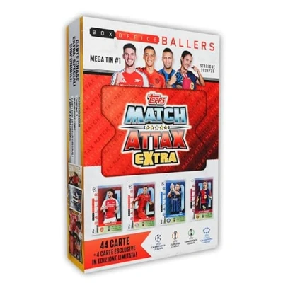 Image of Topps Match Attax Extra 2025 Mega Tin #1 Box Office Ballers. 48 cards including 4 exclusive Baller LE cards. Look out for relic inside lucky tins!