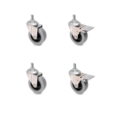 Image of Emuca Pack of 4 grey swivel castors for furniture (2 with brake and 2 without brake) 50mm(1,96 inch) diameter M8x15 bolt ball bearings