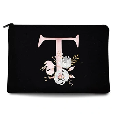 Image of 26 Letter Printed Zip Canvas Pouch Makeup Bag Make Up Bag, Cosmetic Travel Bag,Toiletry Bag,Organizer Bags,Toiletry Bags, Bride Bridesmaid Bag,Pencil Bag,Wash Bag,Coin Purse (Pink Flower T)