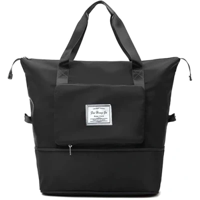 Image of Large Capacity Folding Travel Duffel Bag Portable Foldable Lightweight Waterproof Oxford Fabric Carry Luggage for Expandable Weekender Sports, Gym, Vacation (Black)