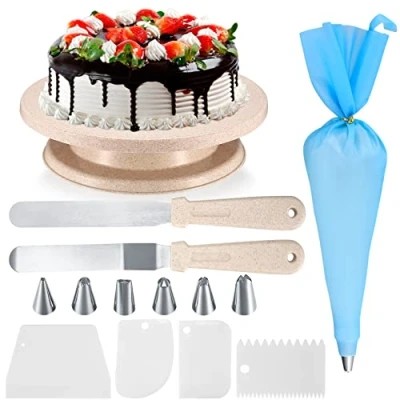 Image of Cake Decorating Kits, Rotating Turntable Tools, Plates, Decorate Stand Supplies with Scrappers, Spatulas, Piping Bags and Tips