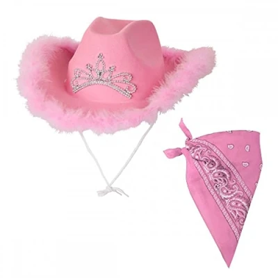 Image of A2ZFD Womens Cowgirl Pink Hat with Tiara &amp; Marabou Feathers + Bandana : Wild West Rodeo Hen Party Cowboy Fancy Dress Accessory Set …