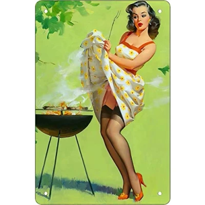 Image of Retro Funny Metal Sheet Signs bbq pin up girl, Wall Decoration, 6x8 Inch
