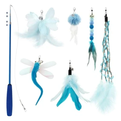 Image of SONGWAY Cat Feather Wand Stick Toy 7 Pcs Toys, 1 Retractable Teaser with 6 Refills, Tassel Dragonfly Interactive Toys for Indoor Kitten, Blue