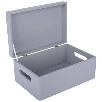 Image of Creative Deco Large Grey Wooden Storage Box 30 x 20 14 cm (+/ 1 cm) with Hinged Lid &amp; Handles Gift for Christmas Xmas Kitchen Wood Keepsake Memory Craft Chest