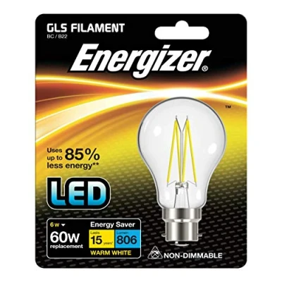 Image of Energizer LED GLS Energy Saving Filament Light Bulb, B22, 6.2 W, Warm White