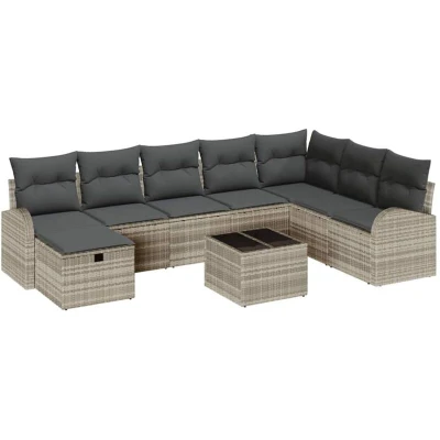 Image of vidaXL 9 Piece Garden Sofa Set with Cushions Light Grey Poly Rattan