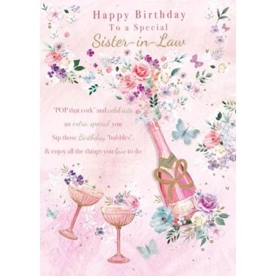 Image of Sister in Law Birthday Card Special Champagne and Butterflies Floral Design Made the UK Eco Friendly